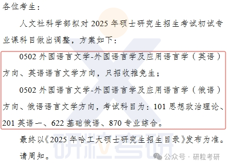 25考研哈工大人文社科学部科目调整