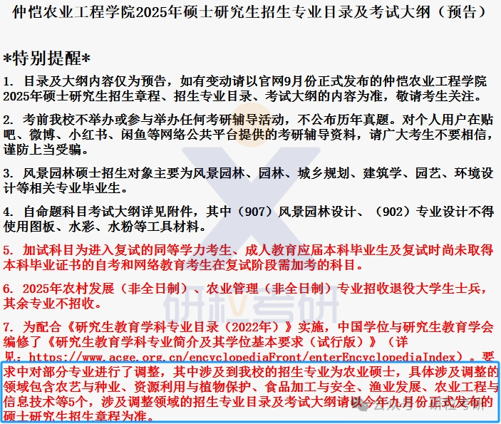 25考研仲恺农业工程学院考试科目调整