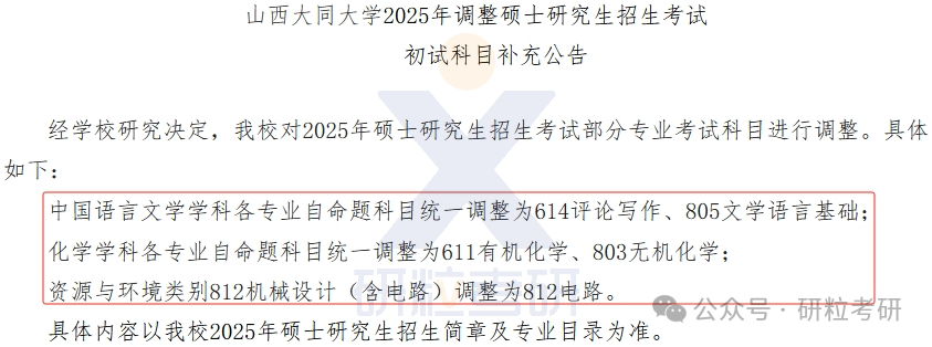 25考研山西大同大学考试科目调整