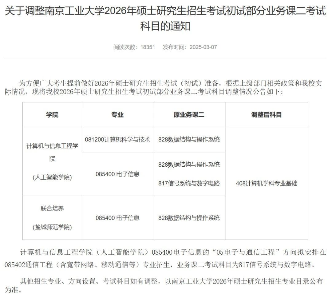 南京工业大学26考研改考408