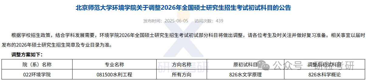 26考研北京师范大学环境学院和水科学研究院考试科目调整