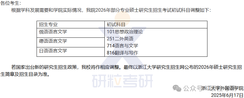 26考研浙江大学外国语学院考试科目调整