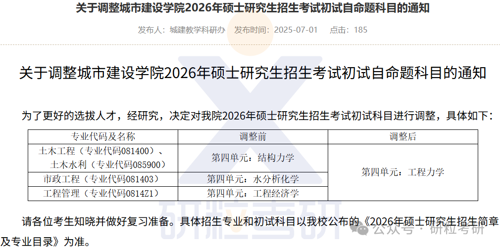 26考研长江大学城市建设学院考试科目调整