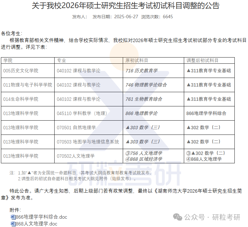 26考研湖南师范大学考试科目调整