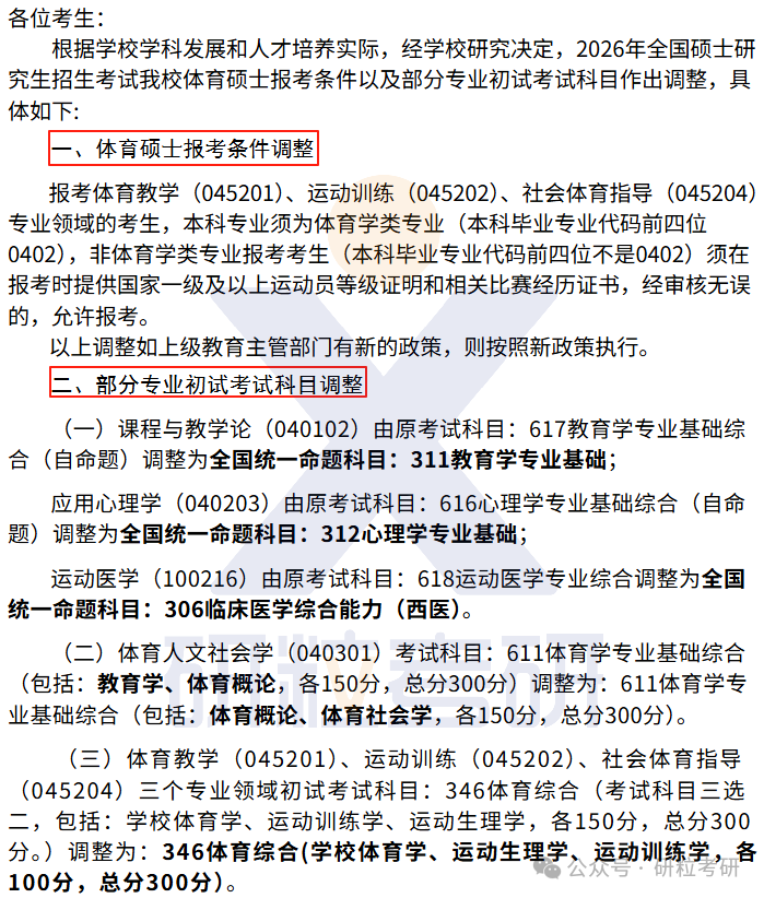 26考研西安体育学院考试科目调整