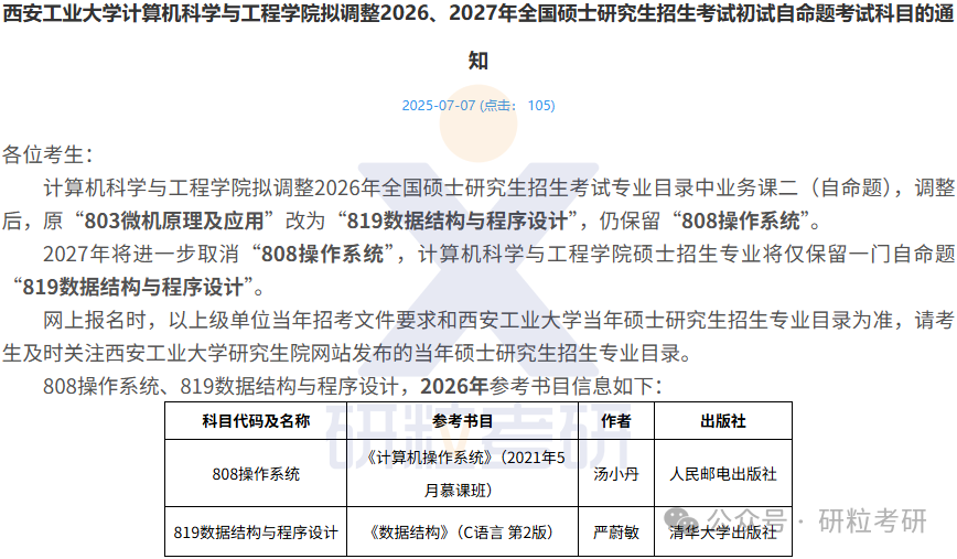 26考研西安工业大学计算机科学与工程学院考试科目调整