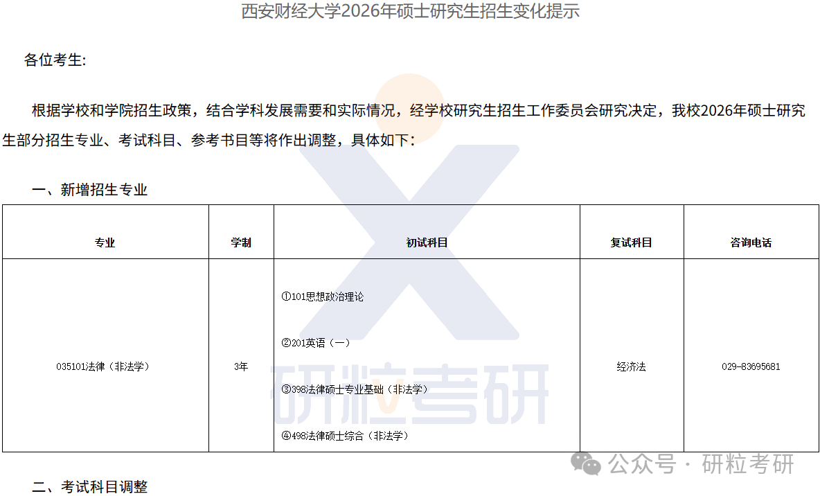26考研西安财经大学考试科目调整