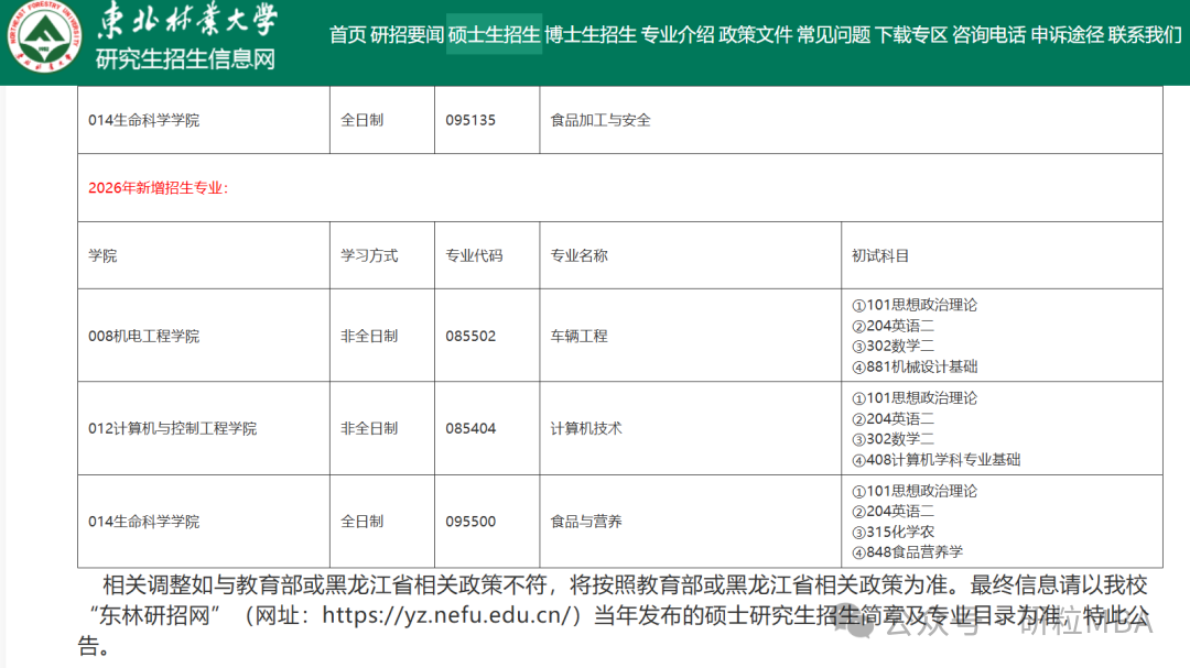 26考研东北林业大学新增招收专业