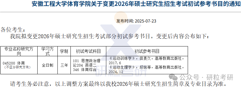 26考研安徽工程大学体育学院考试科目调整