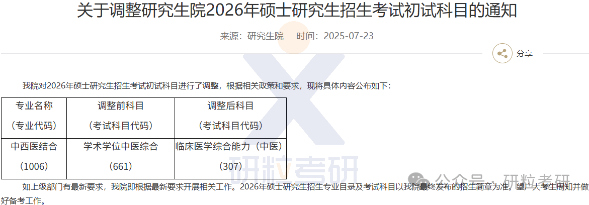 26考研中国人民解放军总医院考试科目调整