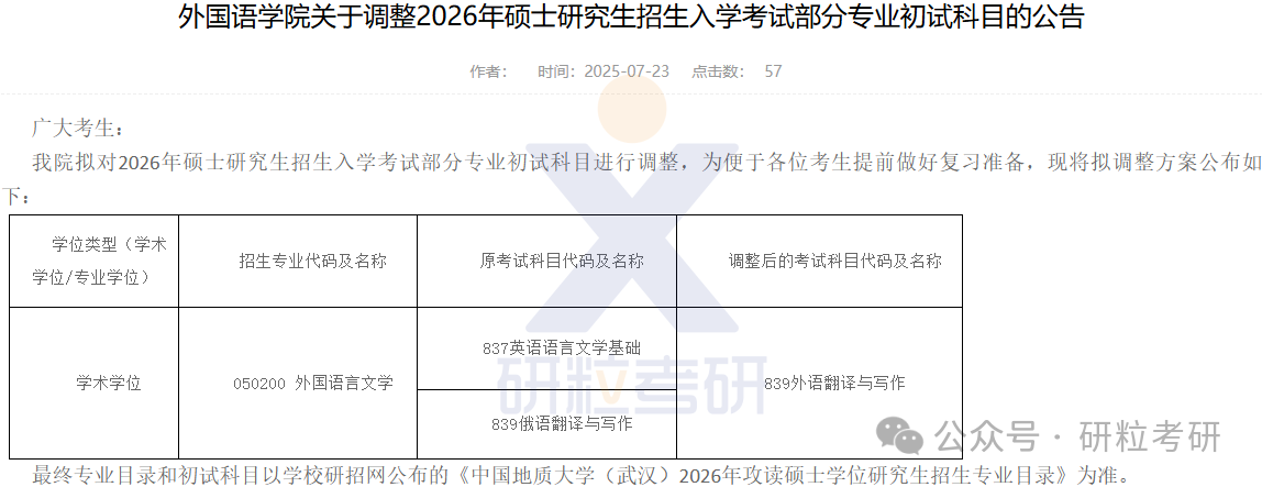 26考研中国地质大学外国语学院考试科目调整